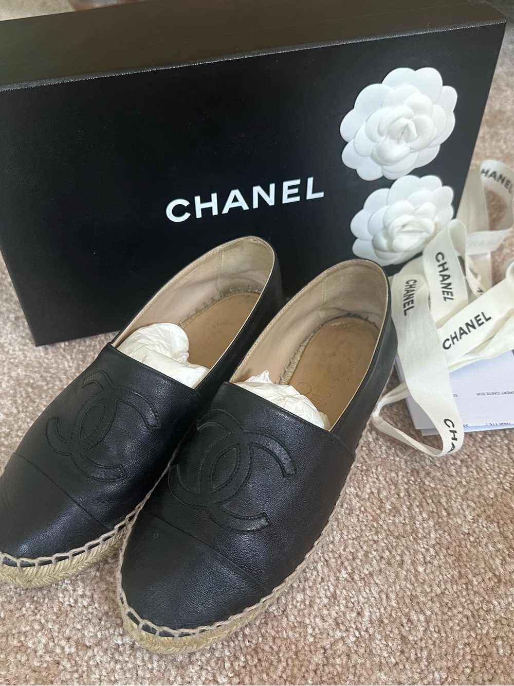Authentic CHANEL Black Leather Espadrilles with Jute Sole Sz 35